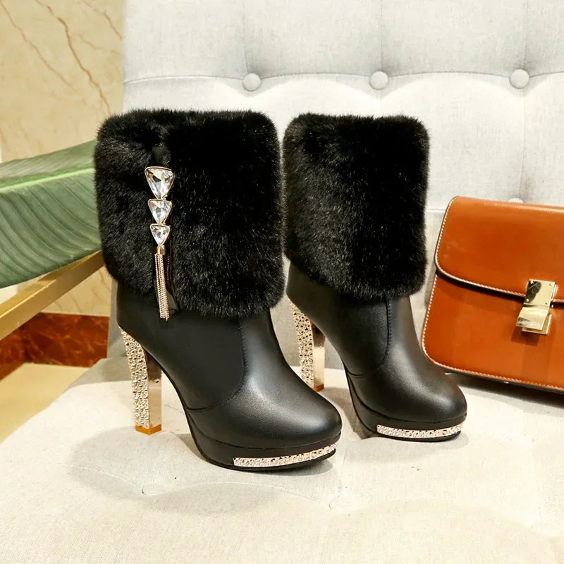 Rhinestone High Heeled Short Boots