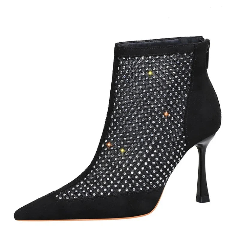 Rhinestone Splicing Mesh Design Women's Ankle Boots