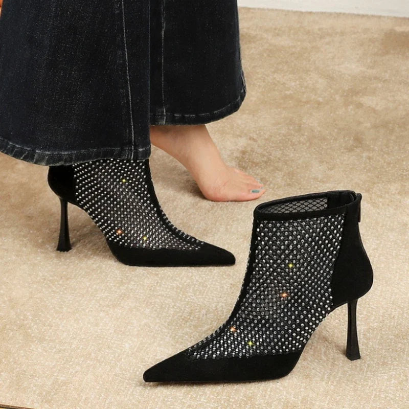 Rhinestone Splicing Mesh Design Women's Ankle Boots