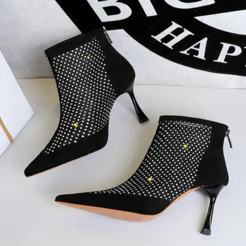 Rhinestone Splicing Mesh Design Women's Ankle Boots