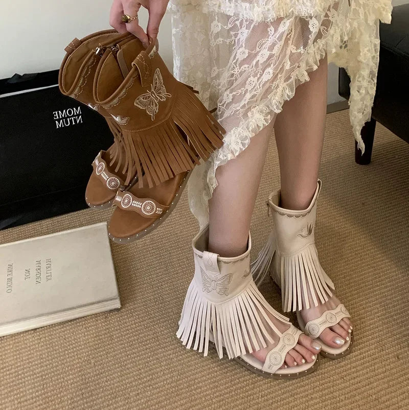 Roman Style Tassel Embroidery Butterfly Ankle Boots