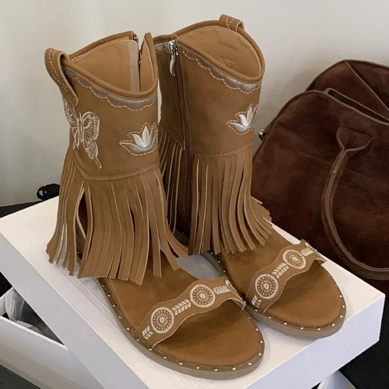 Roman Style Tassel Embroidery Butterfly Ankle Boots