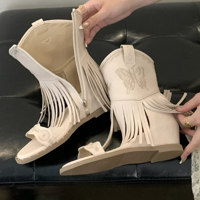 Roman Style Tassel Embroidery Butterfly Ankle Boots