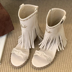Roman Style Tassel Embroidery Butterfly Ankle Boots