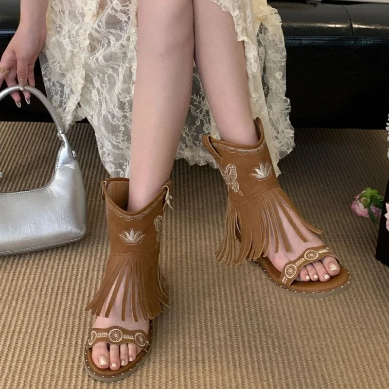 Roman Style Tassel Embroidery Butterfly Ankle Boots