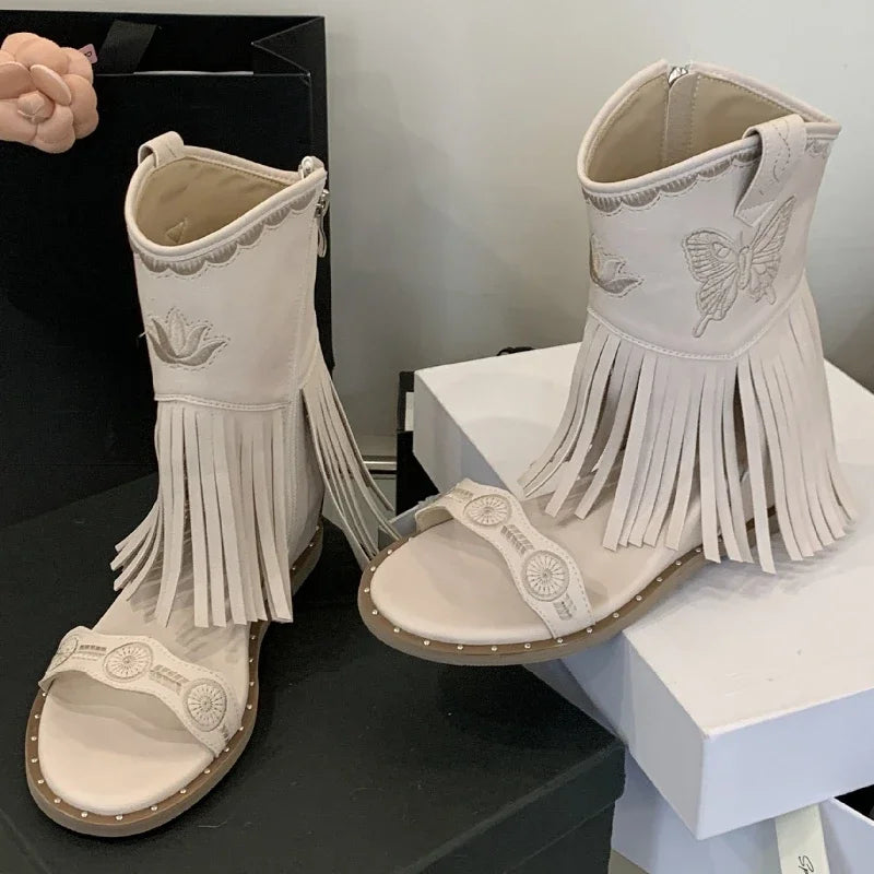 Roman Style Tassel Embroidery Butterfly Ankle Boots