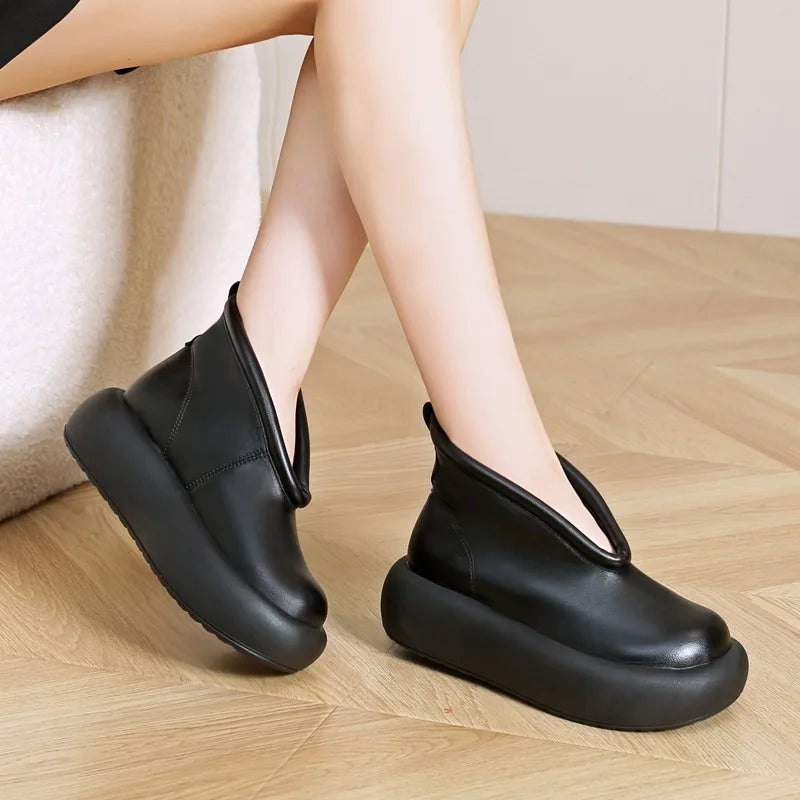 Round Toe Thick Sole Leather Casual Platform Women's Shoes