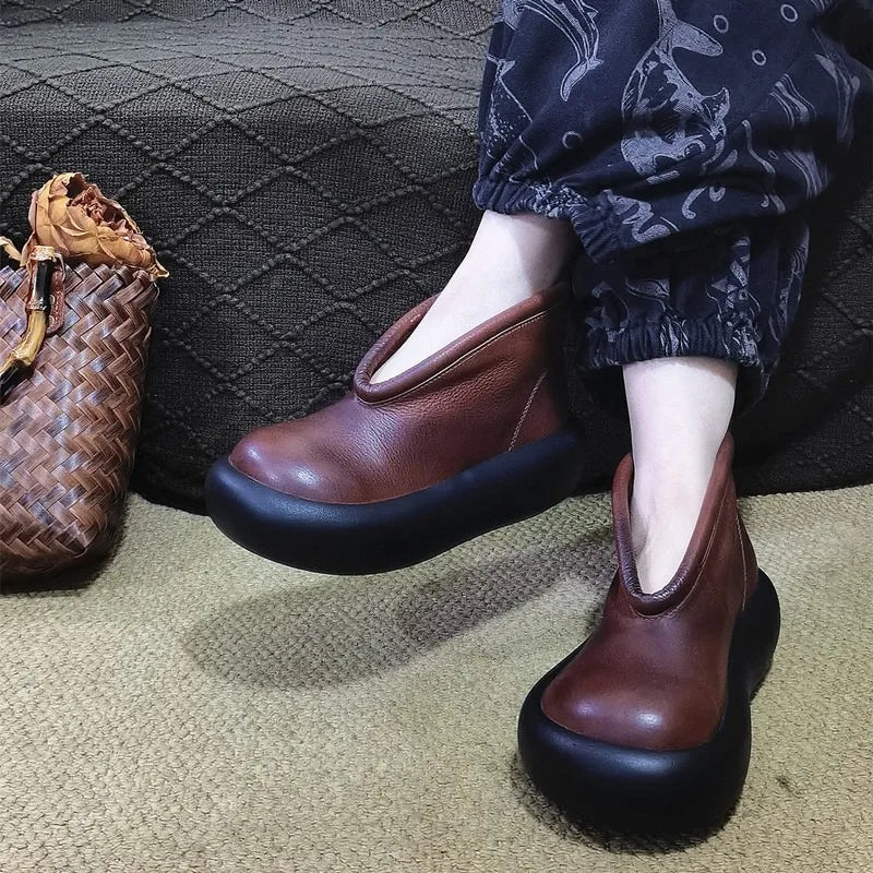 Round Toe Thick Sole Leather Casual Platform Women's Shoes