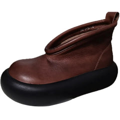 Round Toe Thick Sole Leather Casual Platform Women's Shoes