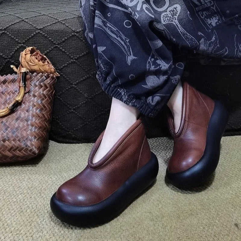 Round Toe Thick Sole Leather Casual Platform Women's Shoes