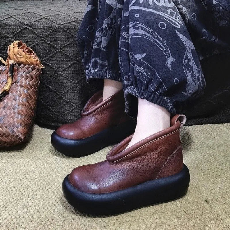 Round Toe Thick Sole Leather Casual Platform Women's Shoes