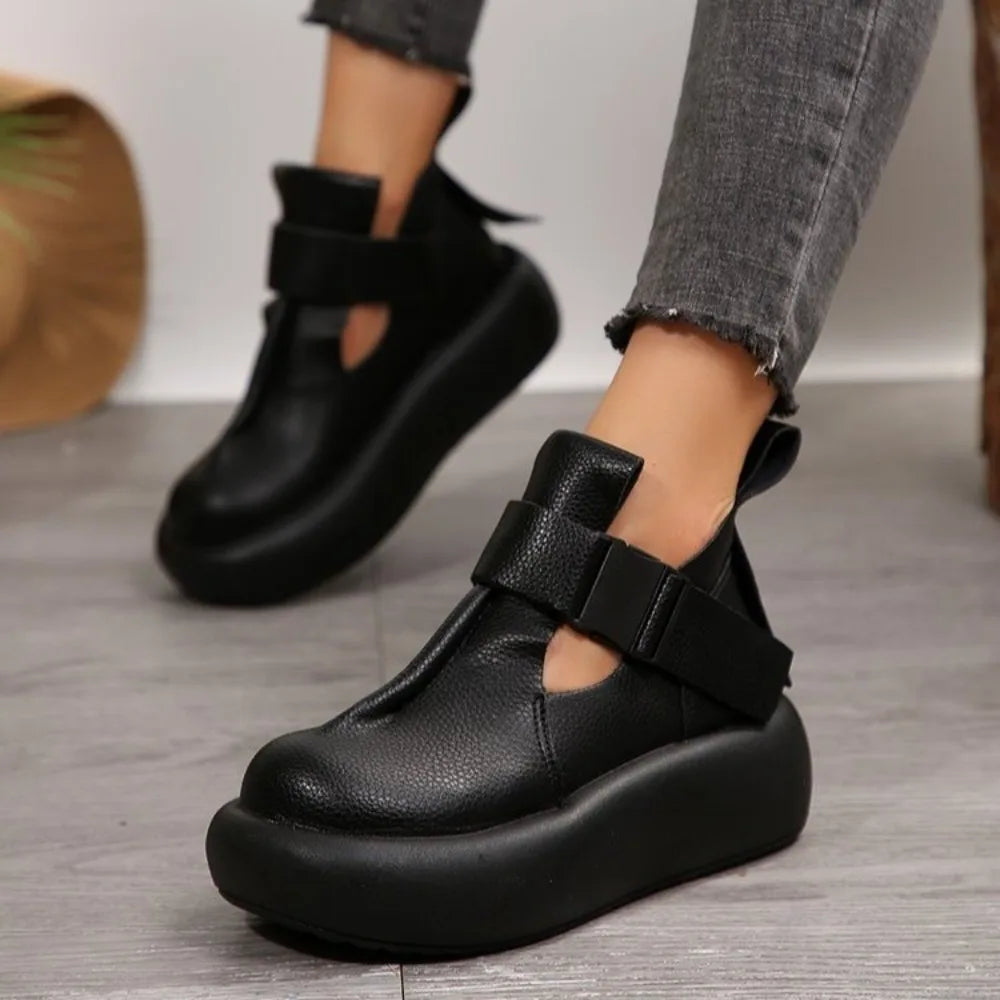Round Toe Thick Sole  Leather Retro Flat Platform Shoes