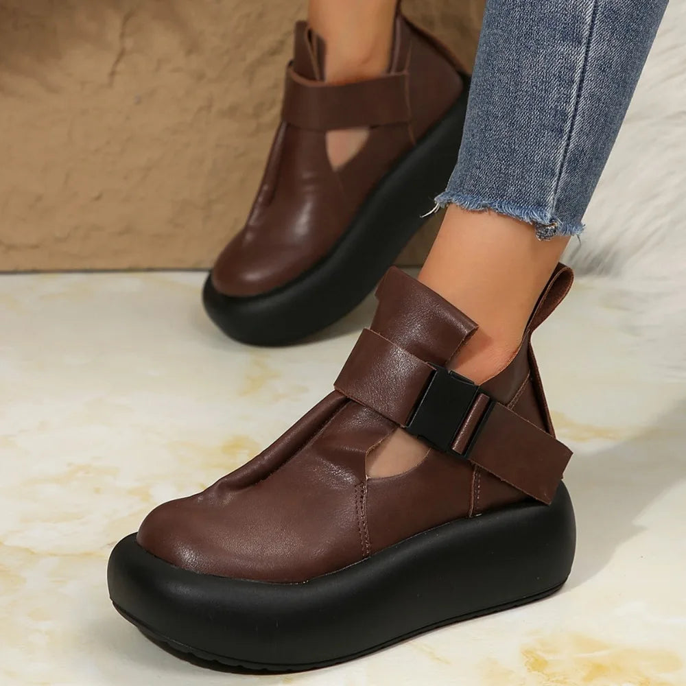 Round Toe Thick Sole  Leather Retro Flat Platform Shoes