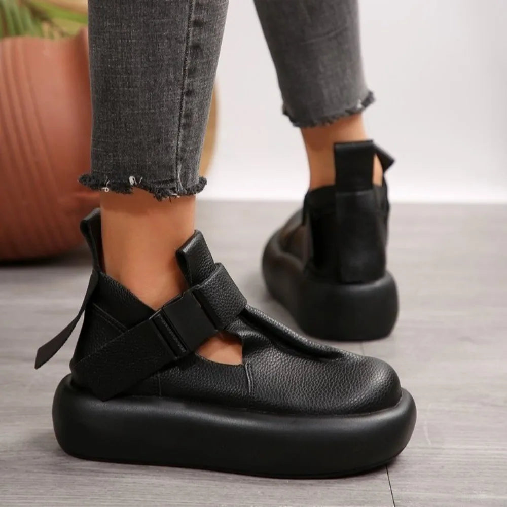 Round Toe Thick Sole  Leather Retro Flat Platform Shoes