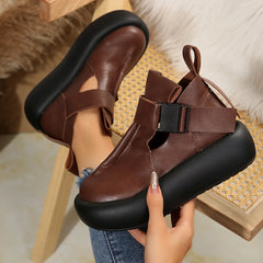 Round Toe Thick Sole  Leather Retro Flat Platform Shoes