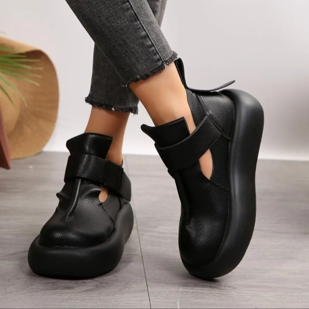 Round Toe Thick Sole  Leather Retro Flat Platform Shoes