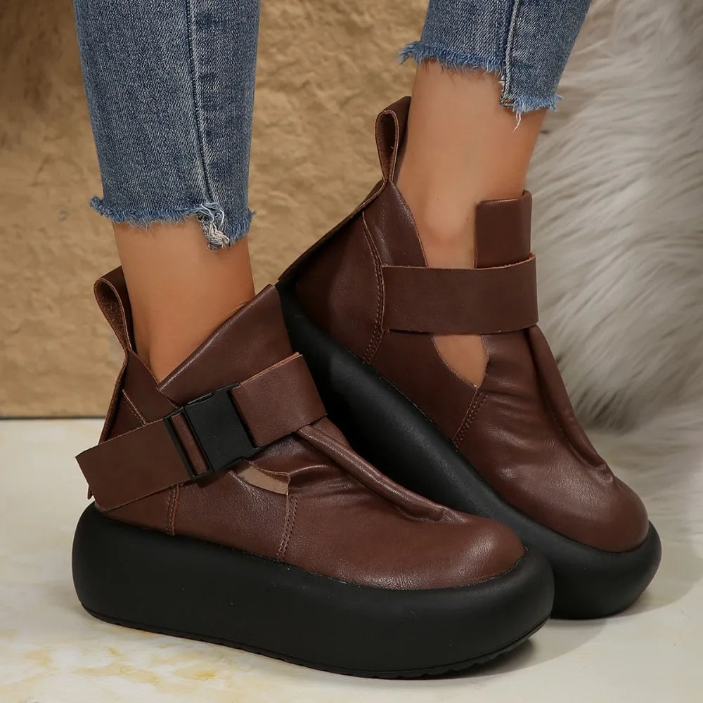 Round Toe Thick Sole  Leather Retro Flat Platform Shoes