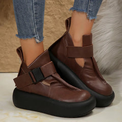 Round Toe Thick Sole  Leather Retro Flat Platform Shoes