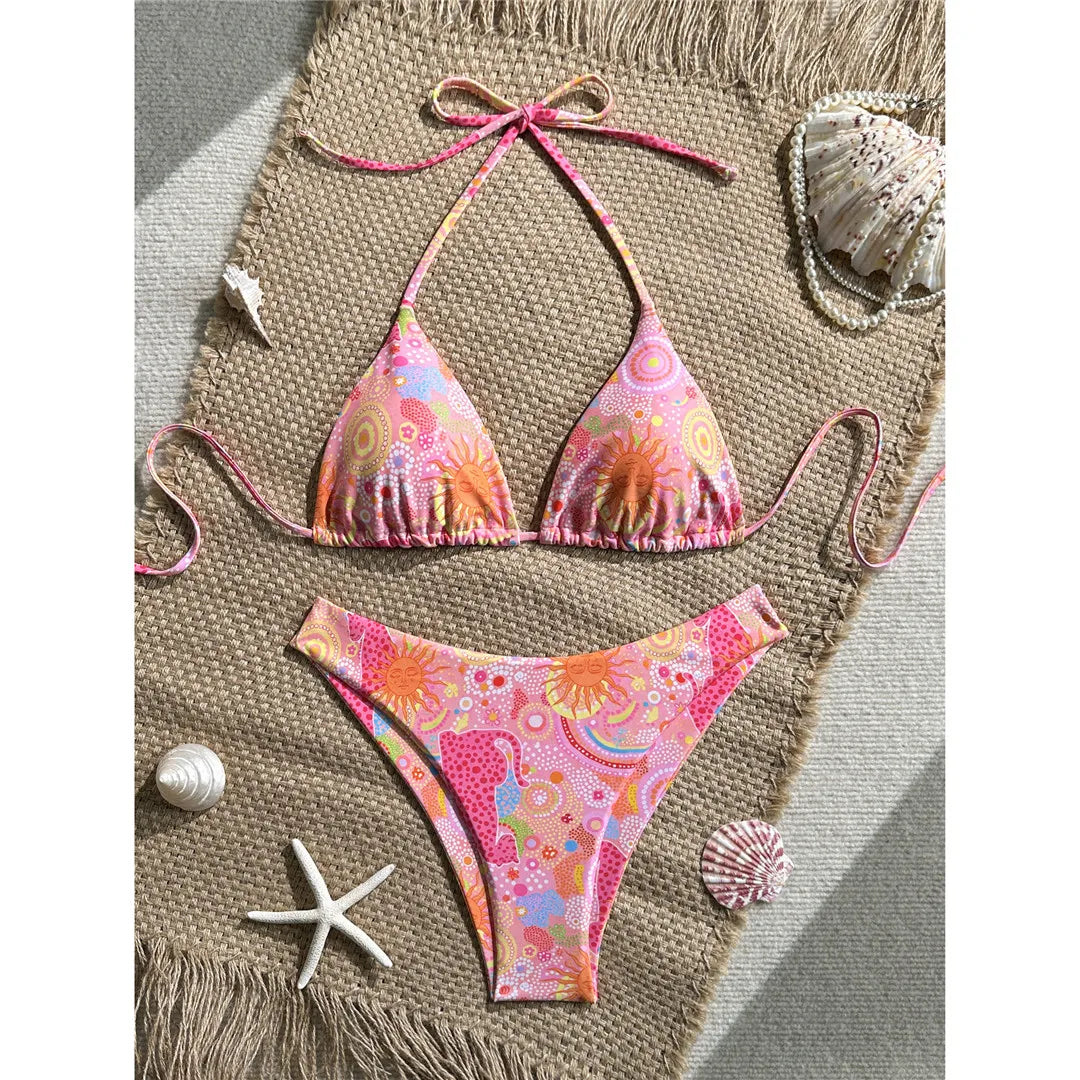 S - XL Printed Halter Bikini Two-pieces Bikini Set
