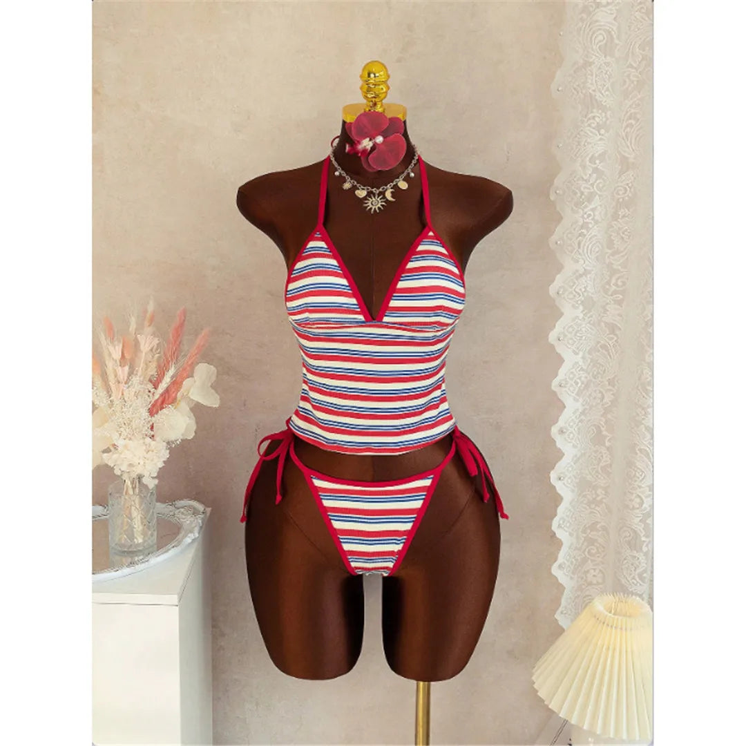 S - XL Striped V Neck Tankini Halter Bikini Two-pieces Bikini Set