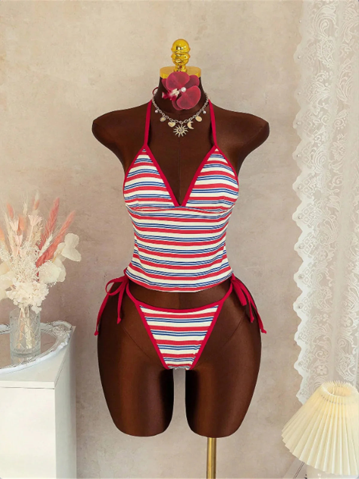 S - XL Striped V Neck Tankini Halter Bikini Two-pieces Bikini Set