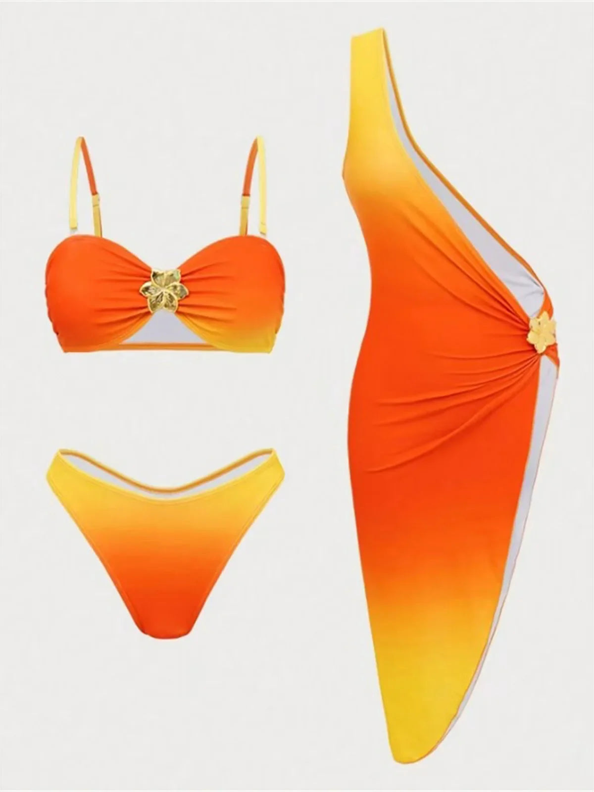S - XL With Cover Up Metal Flower Bikini Three-pieces Bikini SetV7389