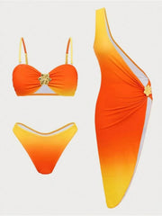 S - XL With Cover Up Metal Flower Bikini Three-pieces Bikini SetV7389