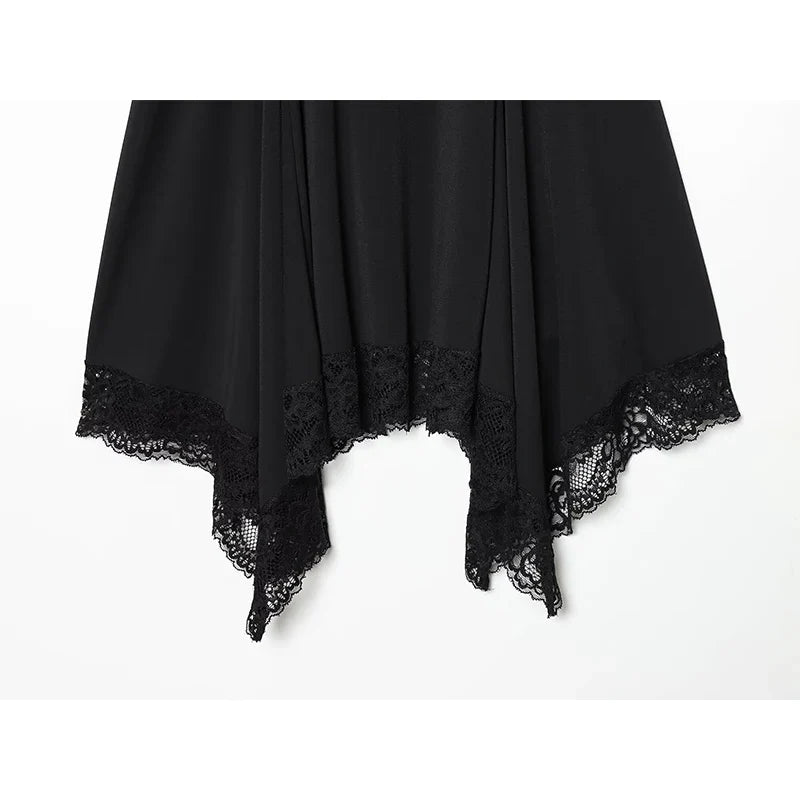 Summer Black Sling Short Dresses Lace Trim Asymmetric Hem Casual Sexy Vestidos