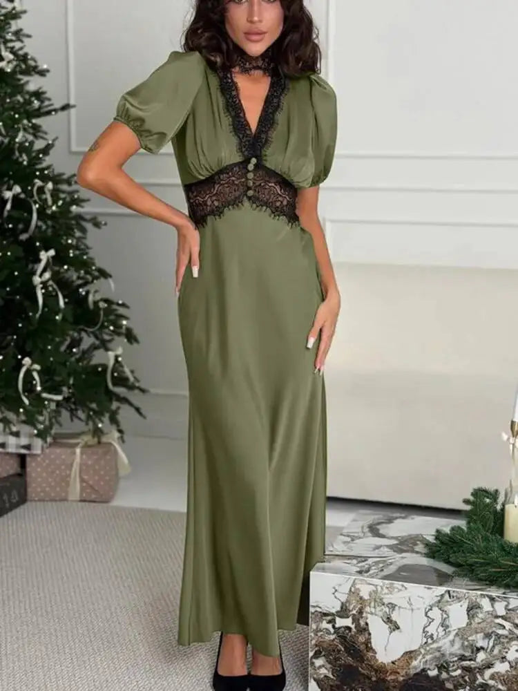 Fashionable Lace Patchwork V-neck Bubble Sleeve High Waisted Dresses