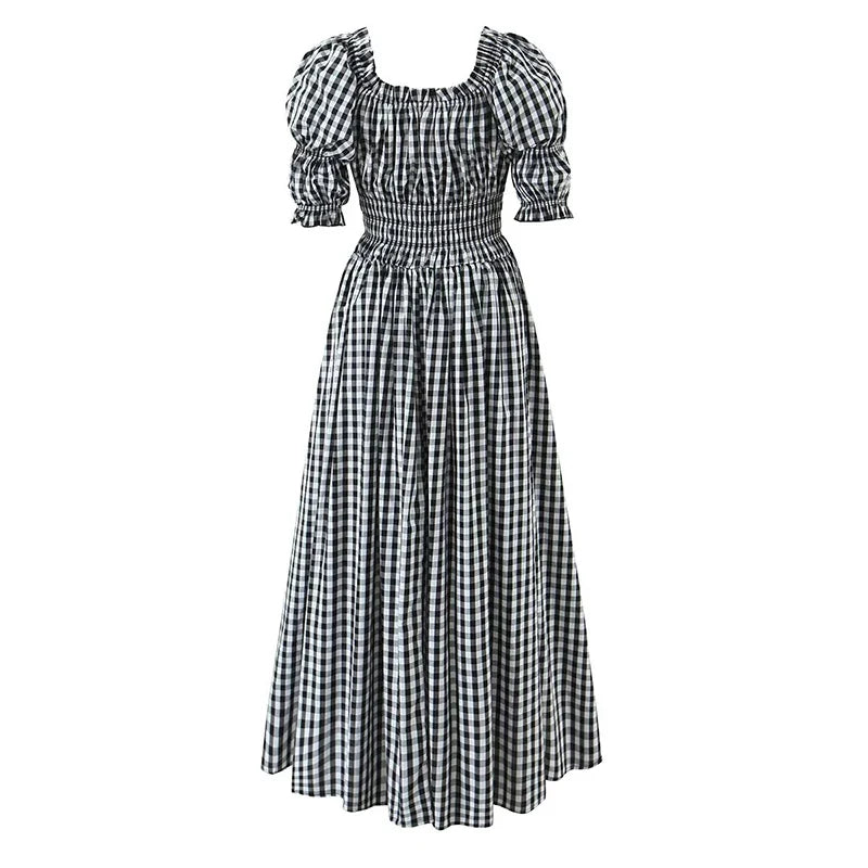 French Style Vintage Puff Sleeve Plaid Dresses