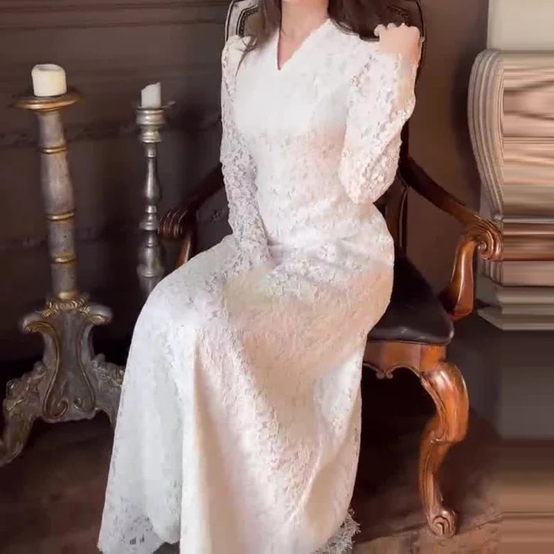 Elegant Wrap Hip Banquet A-line Dresses White Lace High Waist Slim Robe Dresses