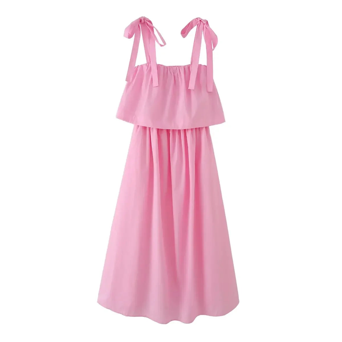 Pink Bow Tie Strap Tiered Midi Dresses