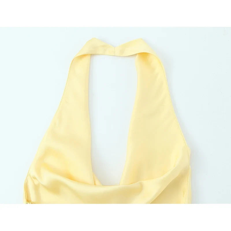 Sexy Backless Yellow Satin Mini Dresses Halter Tie Waist Cocktail Party Summer Vestidos