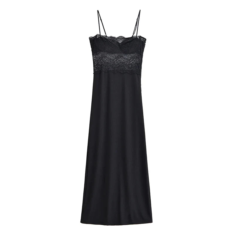 Black Lace Patchowrk Slip Long Dresses