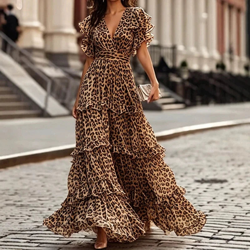 Casual Solid Simple Party Maxi Dresses V-neck Ruffles Evening Dresses