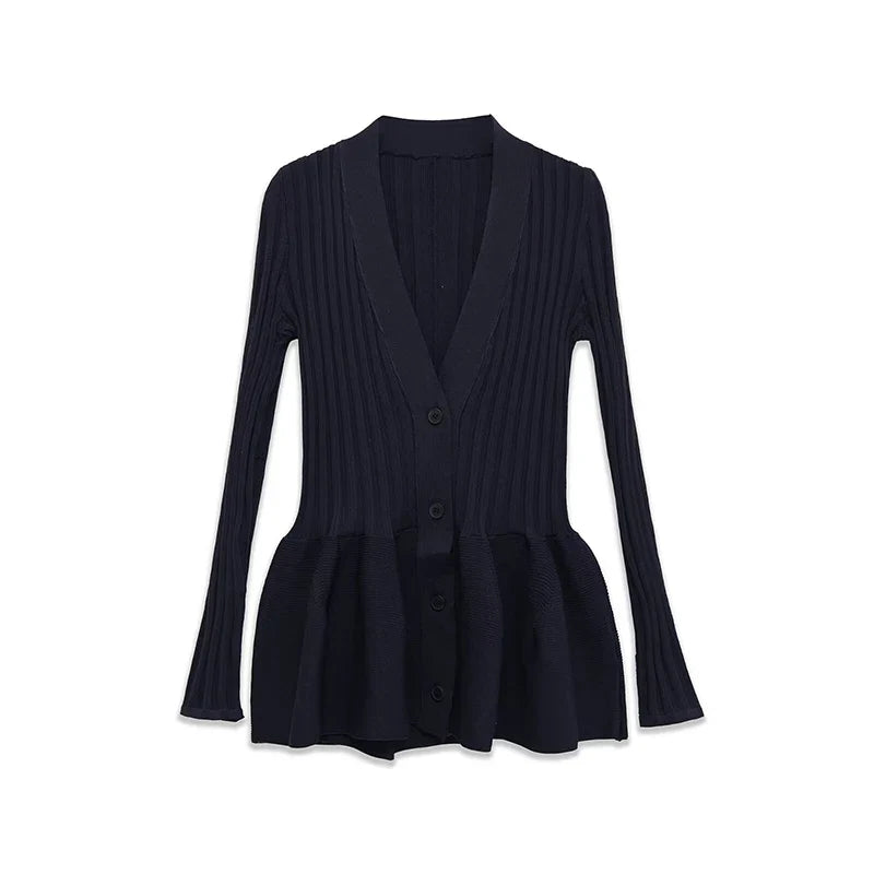 Spring Front Button Bud Navy Blue Knit Mini Dresses Long Sleeve V Neck Chic Outfits