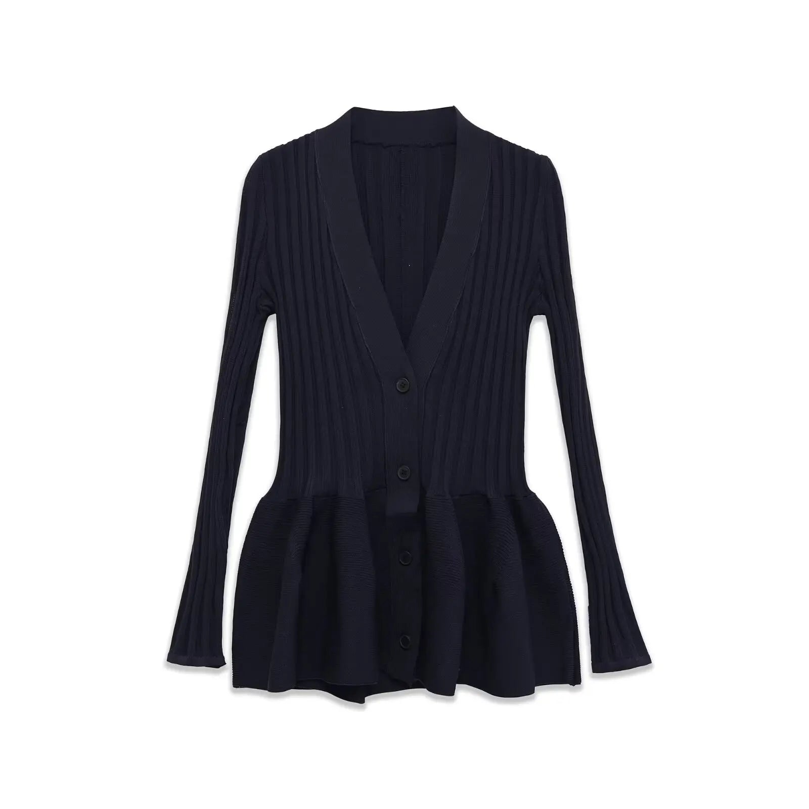 Spring Front Button Bud Navy Blue Knit Mini Dresses Long Sleeve V Neck Chic Outfits
