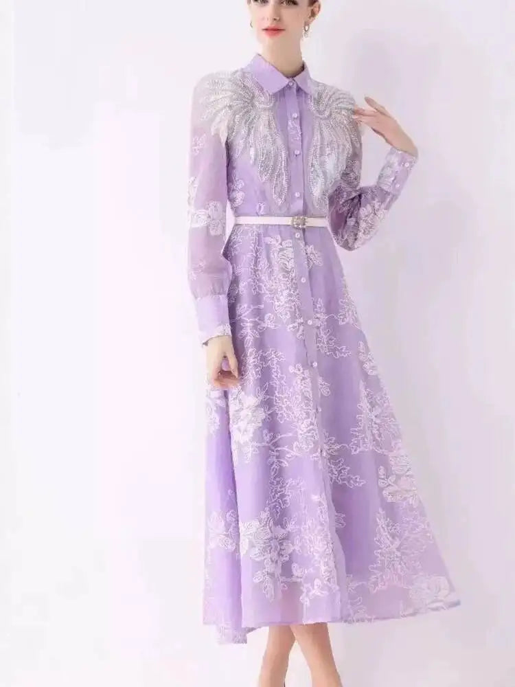 Summer Printed Lapel Long Sleeve Waist Dresses