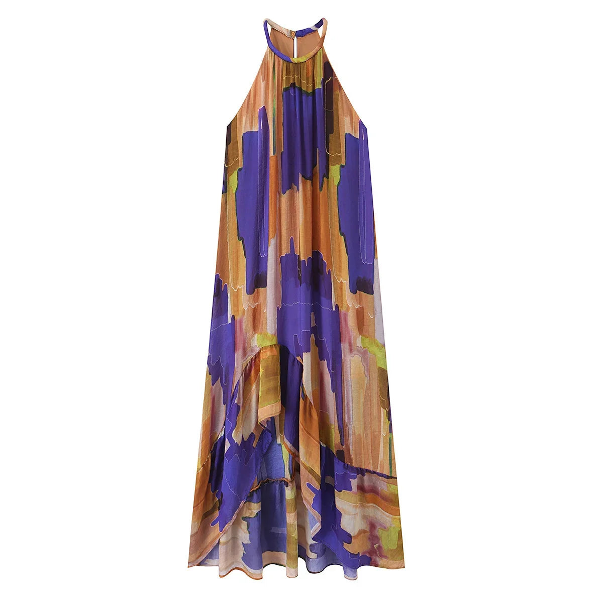 Asymmetrical Hem Print Halter Maxi Dresses