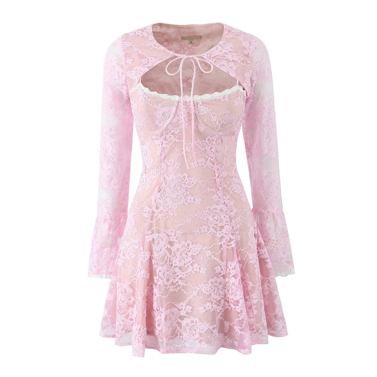 Sexy Elegant 2pcs Pink Lace Dresses Thin Straps + Long Sleeve Crop Top Christmas Party Mini Dresses
