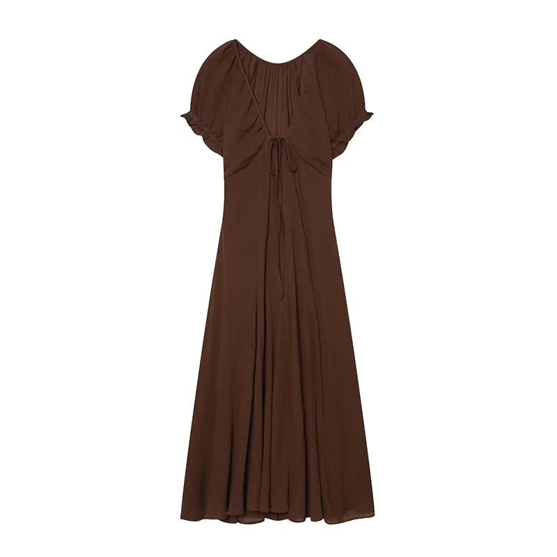 Brown V Neck Short Sleeve Dresses