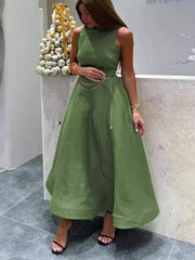 Summer Slim Fit Sleeveless High Waist Green Color Long Dresses