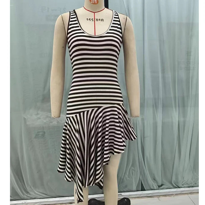 Round Neck Sleeveless Striped Asymmetric Midi Knit Dresses