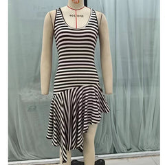 Round Neck Sleeveless Striped Asymmetric Midi Knit Dresses