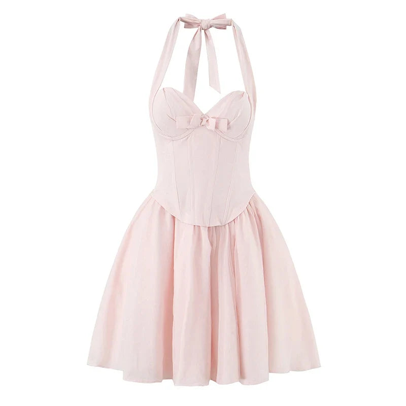 Elegant Pink White Sexy Backless Halter Ball Gown Mini Dresses For Lace Up Bandage Back Mesh Patchwork Party Dress
