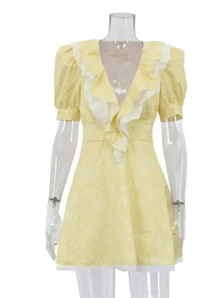 Sweet Printed Ruffled V-neck Bubble Sleeve Waist Cinched Mini A-line Dresses