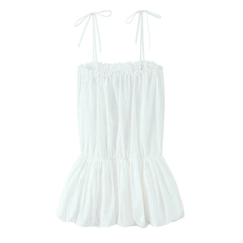 Sexy Spaghetti Straps Balloon Hem White Mini Dresses Summer Vestidos
