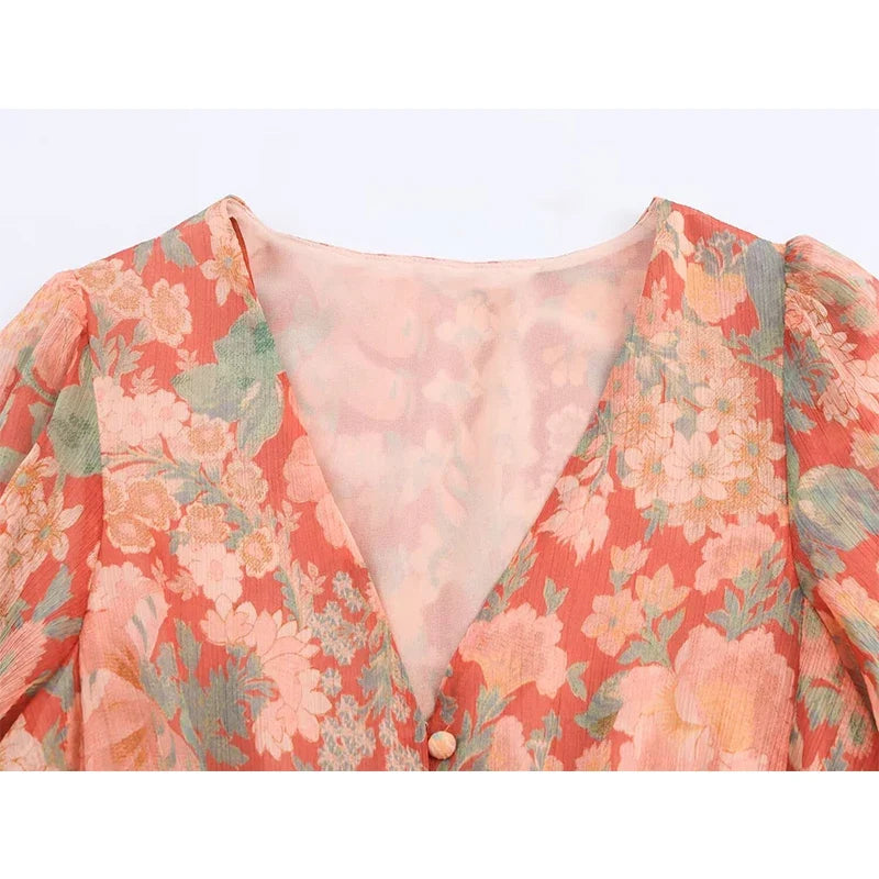 Vintage Puff Sleeve V Neck Floral Print Short Dresses