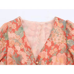 Vintage Puff Sleeve V Neck Floral Print Short Dresses