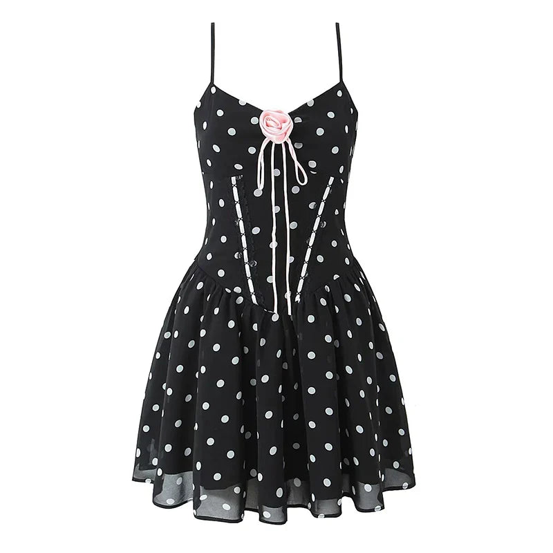 French Retro Romantic Sweet Sexy Slim Fit Polka Dot Flower Sling Dresses